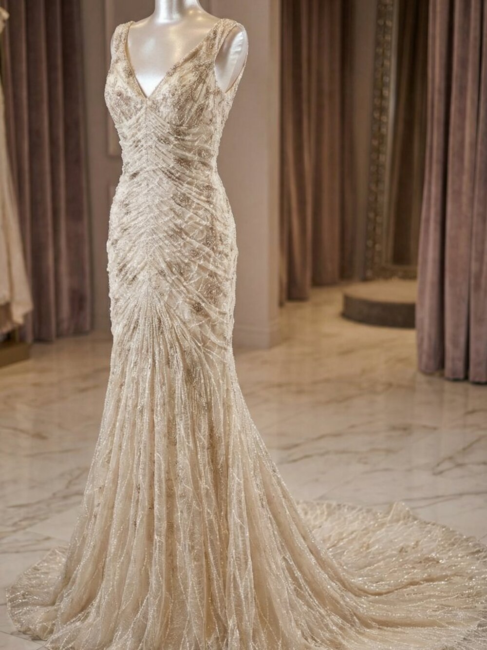 🪞Luxurious Designer Couture Wedding Evening Party Prom Runway Beaded Gown Dress